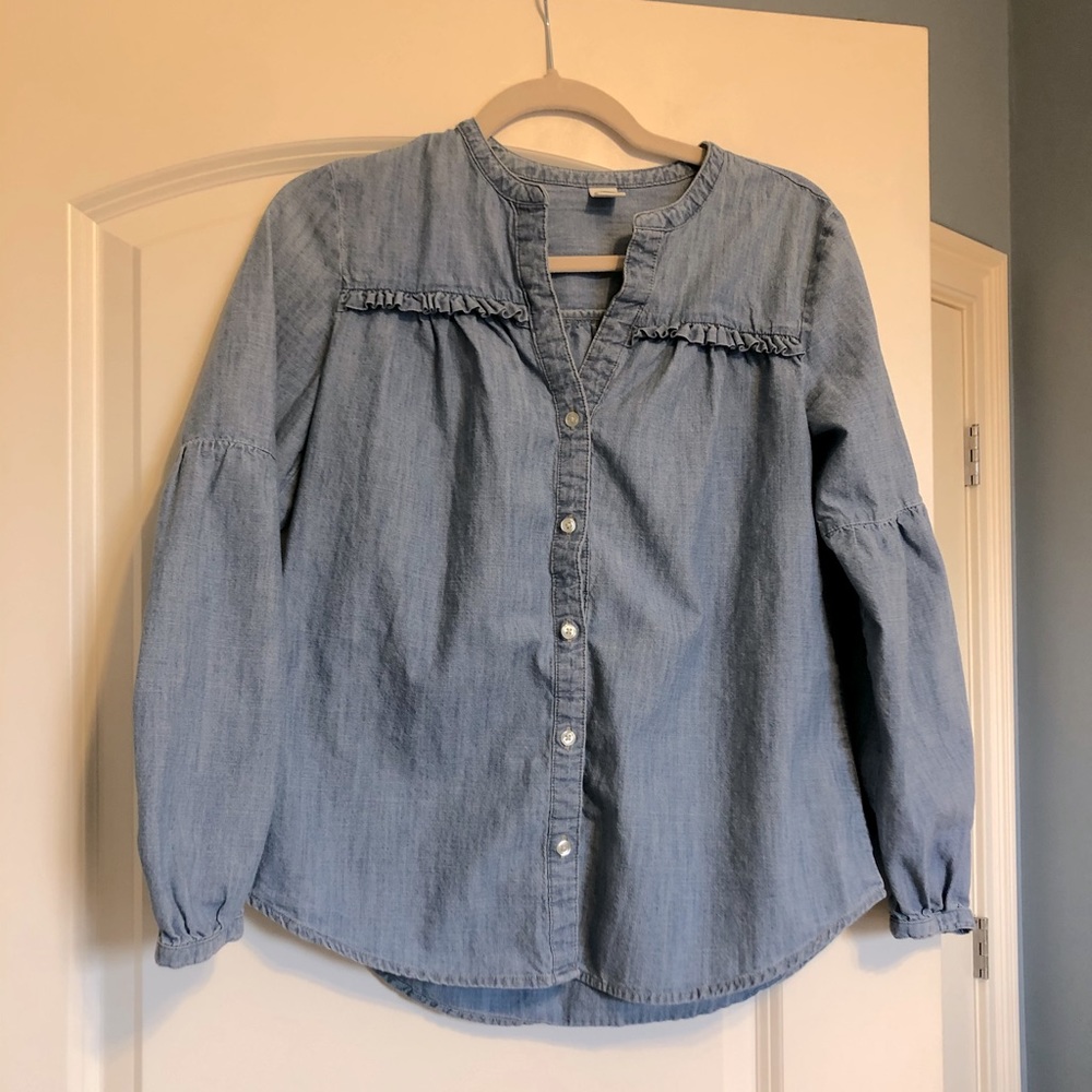 Old Navy Ruffled Button Down Jean Blouse Small EUC